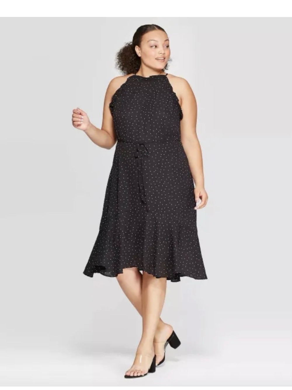 Who What Wear Black Polka Dot Halter Midi Dress Ruffle Strappy Lightweight XL